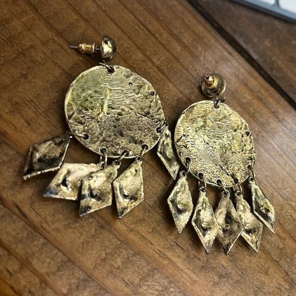 Vintage 80s 1980s HUGE Gold and Black Stone Oversized Chandelier Earrings A1 - Picture 6 of 6